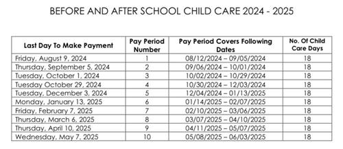 24-25 Child Care payment schedule